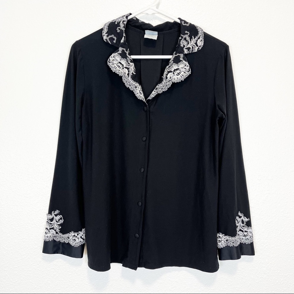Soma Black Button-Front Pajama Blouse with White Lace Collar